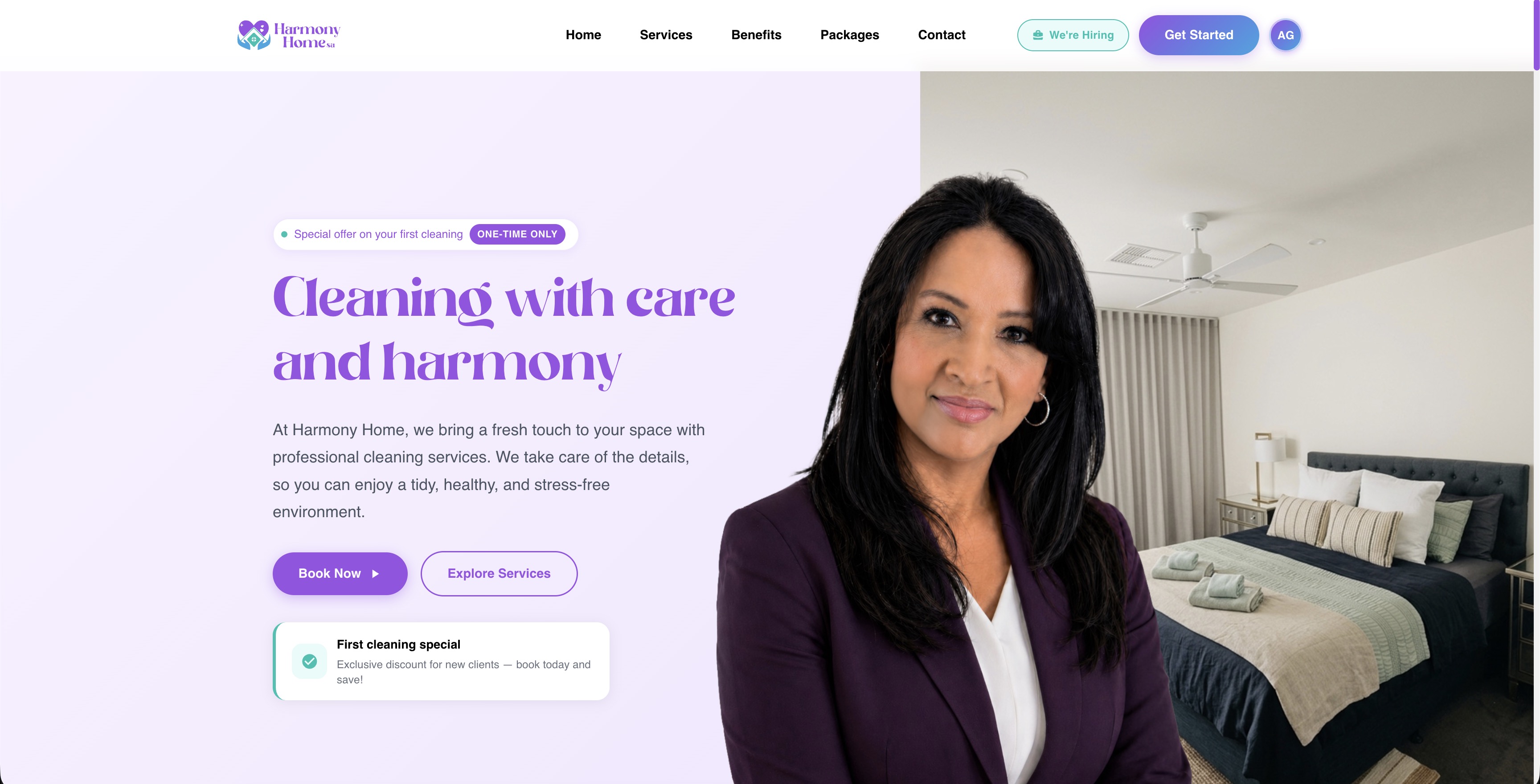 Harmony Home SA website hero — Cleaning with care and harmony